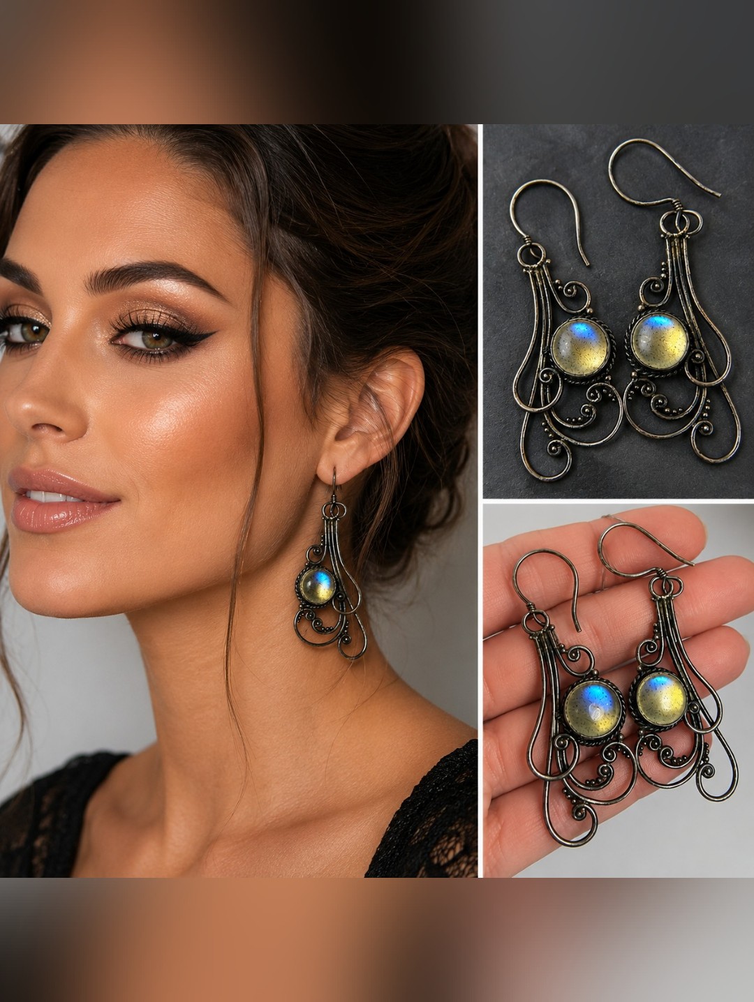 Vintage Artisan Labradorite Wirework Dangle Earrings